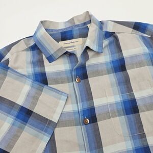 Tommy Bahama Men Large 100% Silk Plaid Short Sleeve Shirt Blue Gray Original Fit